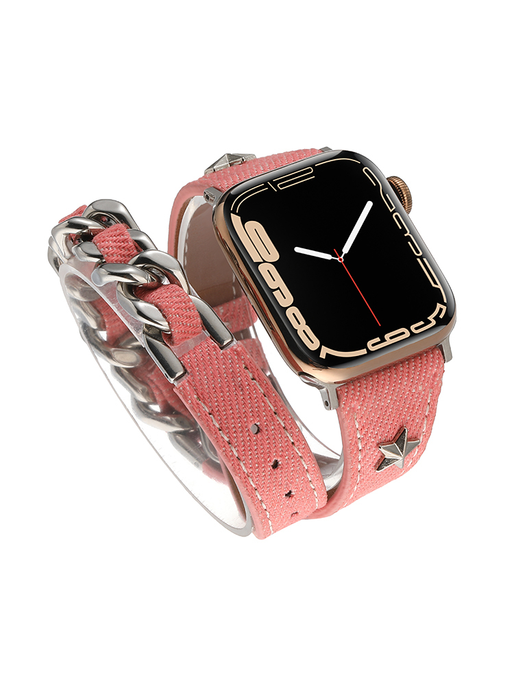 Double-Loop Curved Star Stud Denim Leather Band