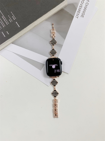 Striped Rhinestone-set four-leaf clover stainless steel Band