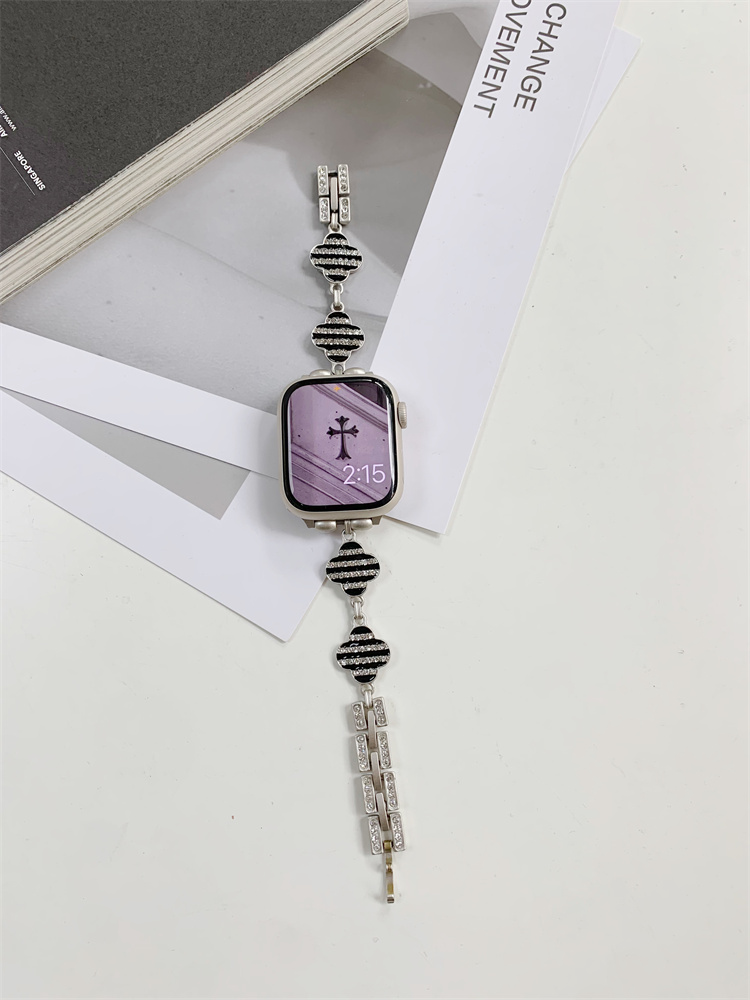Striped Rhinestone-set four-leaf clover stainless steel Band