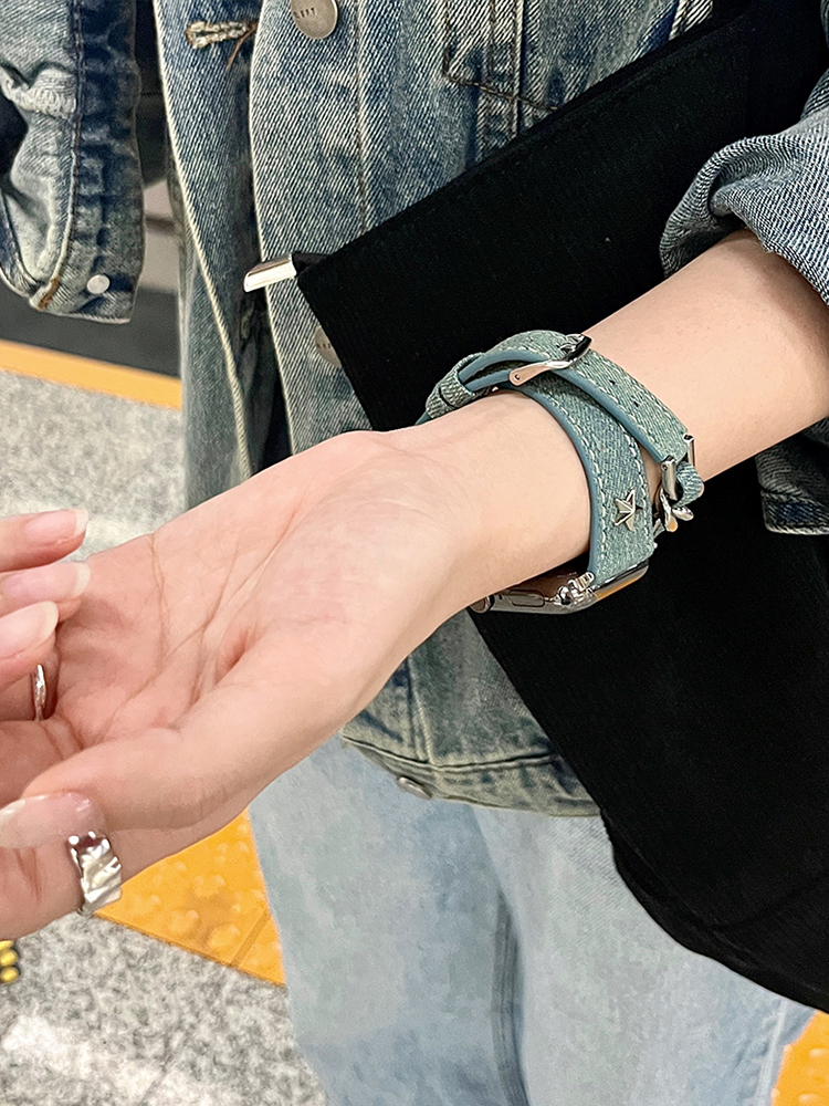 Double-Loop Curved Star Stud Denim Leather Band