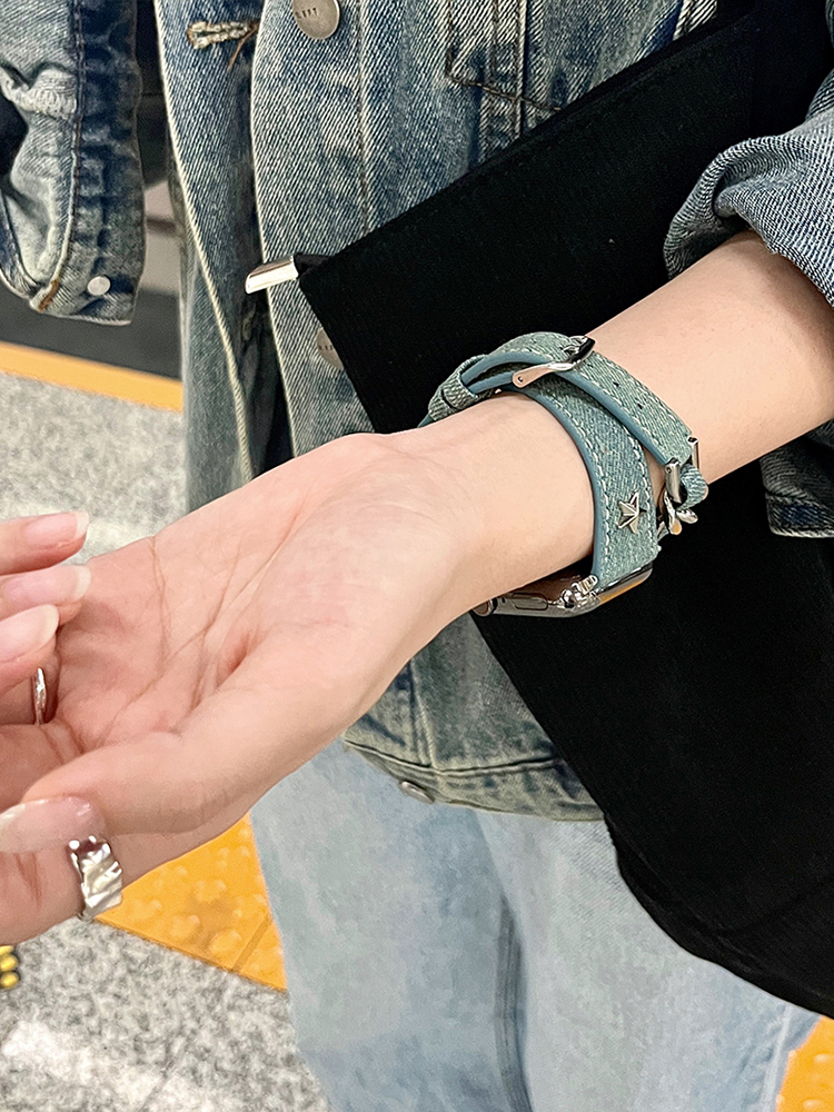 Double-Loop Curved Star Stud Denim Leather Band