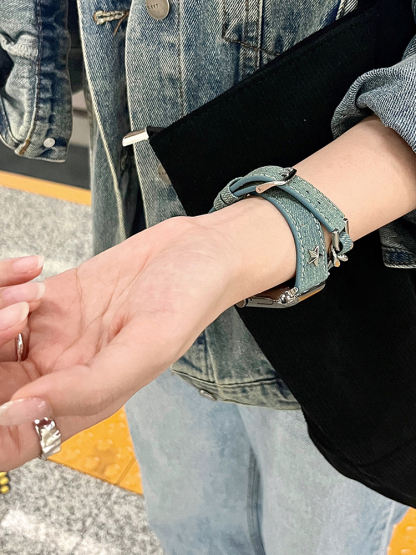 Double-Loop Curved Star Stud Denim Leather Band