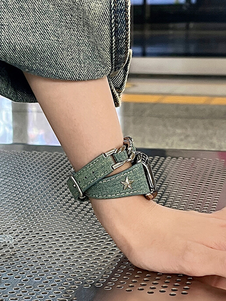 Double-Loop Curved Star Stud Denim Leather Band