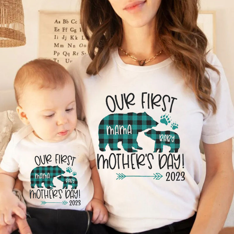 [Baby Bodysuit]Mothers Day Mommy Baby boy Plaid Bear Matching Bodysuit