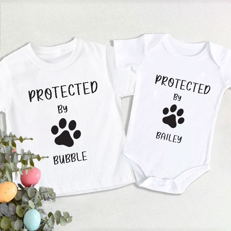 Personalised Custom 'Protected by Dog' Cute Baby Onesie&Kids Shirt