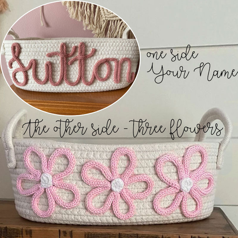Baby Name Basket With Three Flowers Hand Embroidery Gift
