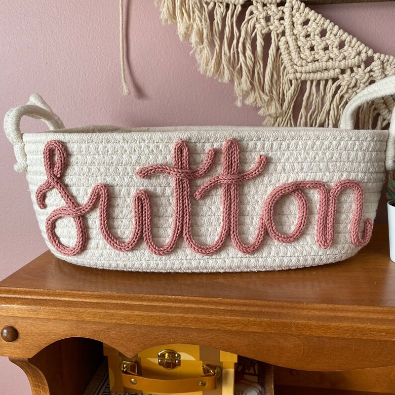 Baby Name Basket With Three Flowers Hand Embroidery Gift