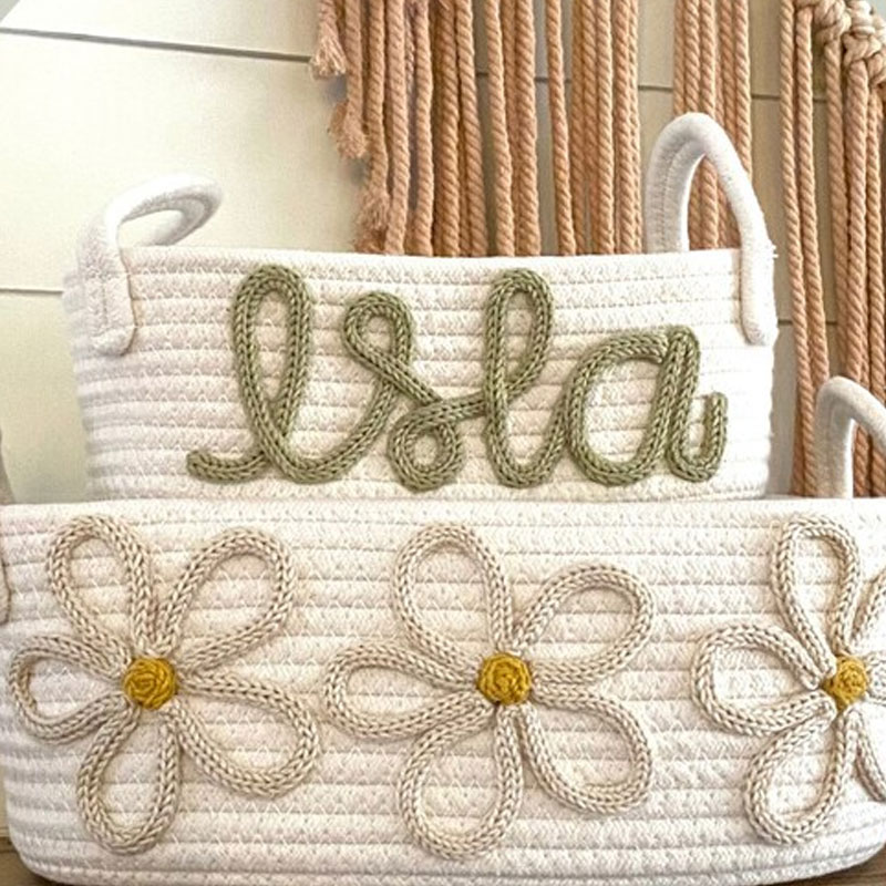 Baby Name Basket With Three Flowers Hand Embroidery Gift