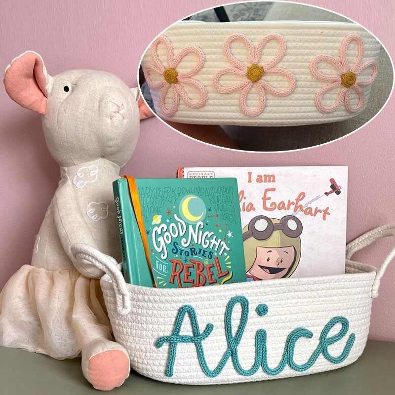 Baby Name Basket With Three Flowers Hand Embroidery Gift
