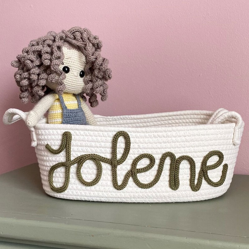 Baby Name Basket With Three Flowers Hand Embroidery Gift