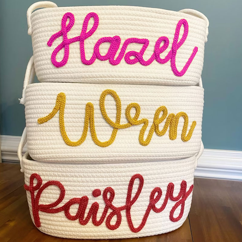 Baby Name Basket With Three Flowers Hand Embroidery Gift