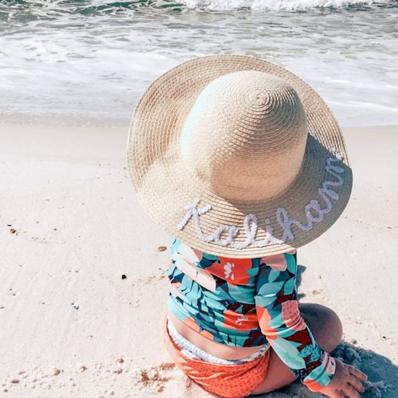 Custom Named Toddler Sun Hat, Baby Straw Sunhat
