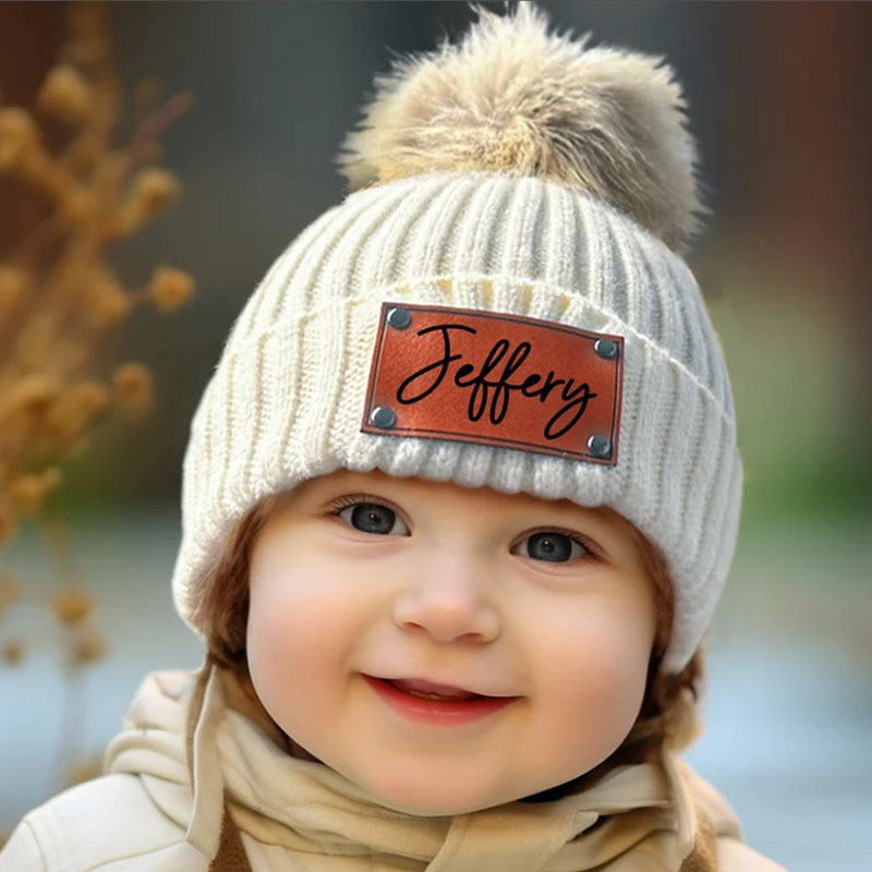 Personalized Leather Patch Knitted Hat for Kids,Adult Custom Name Knit Hat