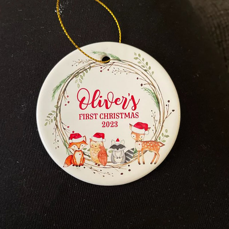 Personalized Baby Christmas Deer Fox Racoon Owl Forest Boy Ornament, Holiday Baby Ornament 