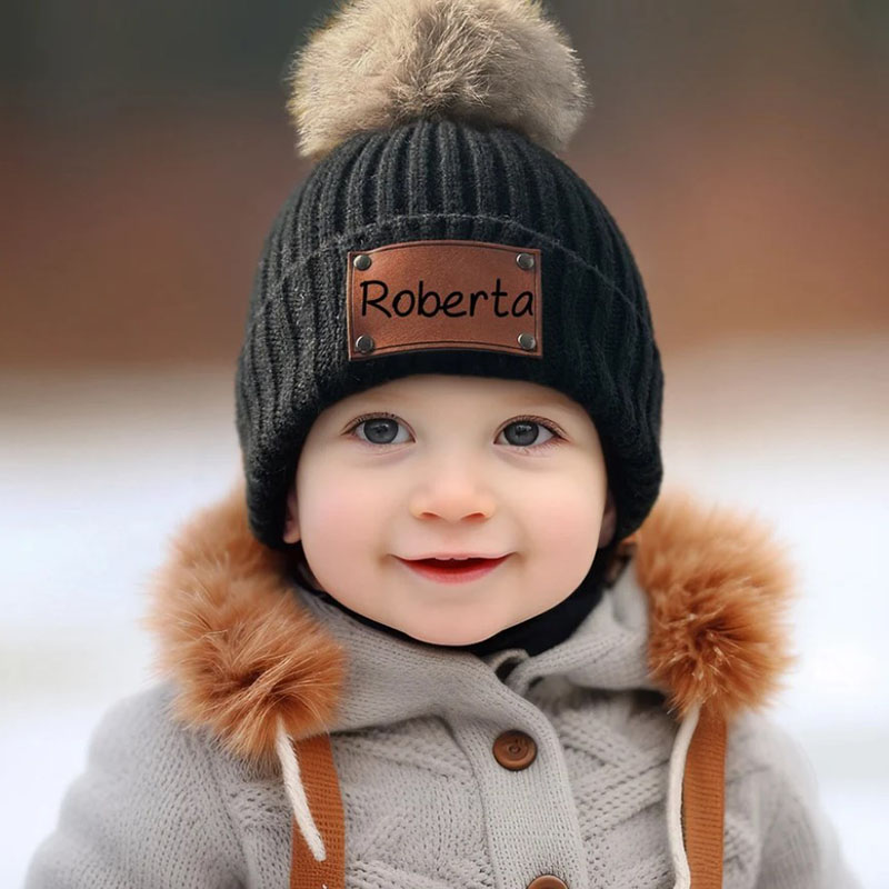 Personalized Leather Patch Knitted Hat for Kids,Adult Custom Name Knit Hat