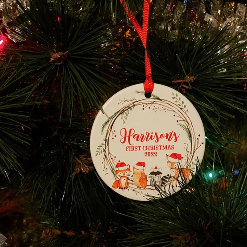Personalized Baby Christmas Deer Fox Racoon Owl Forest Boy Ornament, Holiday Baby Ornament 