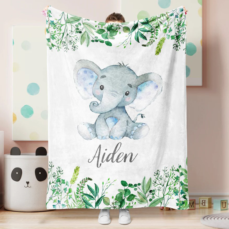 Personalized Newborn Baby Elephant NameFleece Blanket