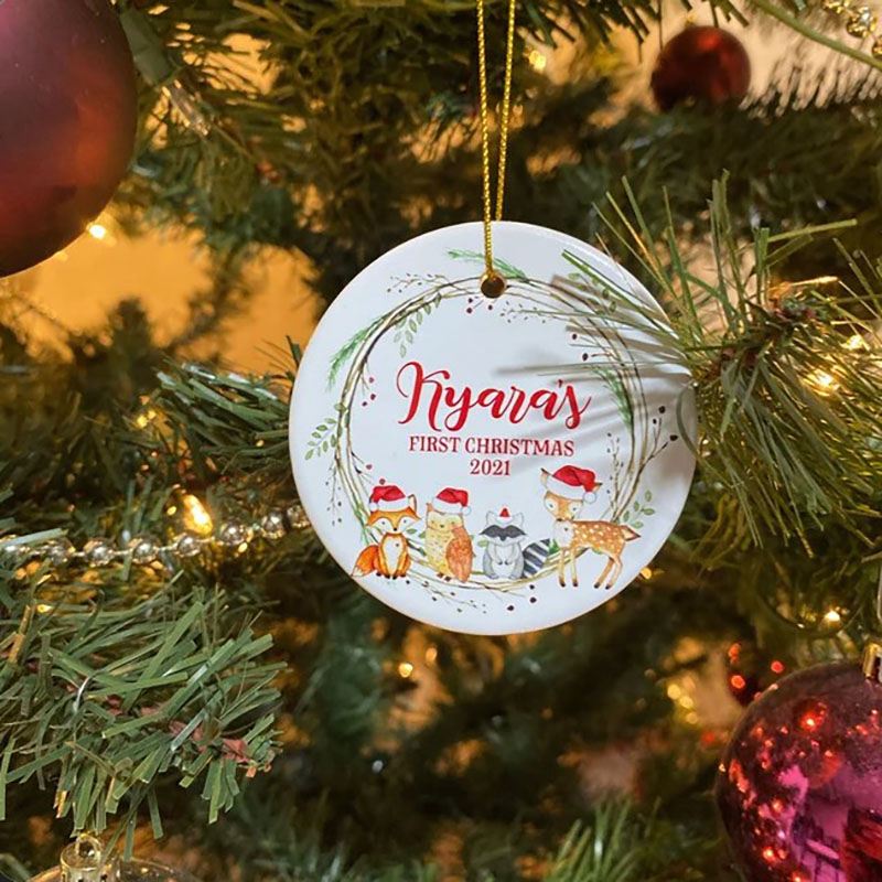 Personalized Baby Christmas Deer Fox Racoon Owl Forest Boy Ornament, Holiday Baby Ornament 
