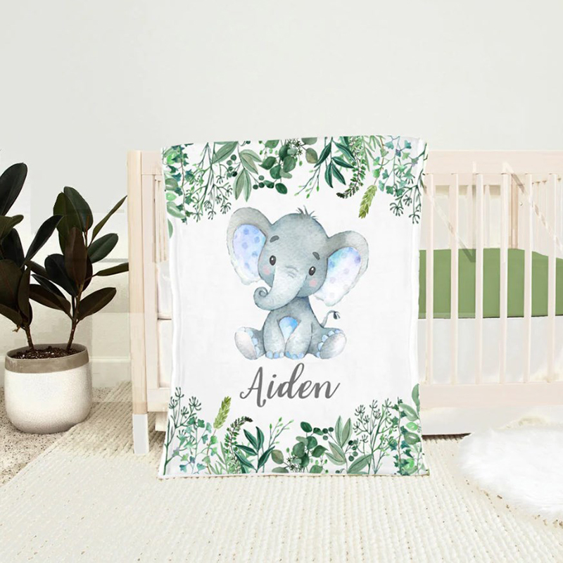 Personalized Newborn Baby Elephant NameFleece Blanket