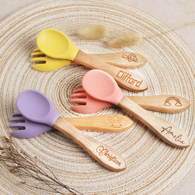 Personalised Silicone Cutlery Fork and Spoon Set Baby Gift