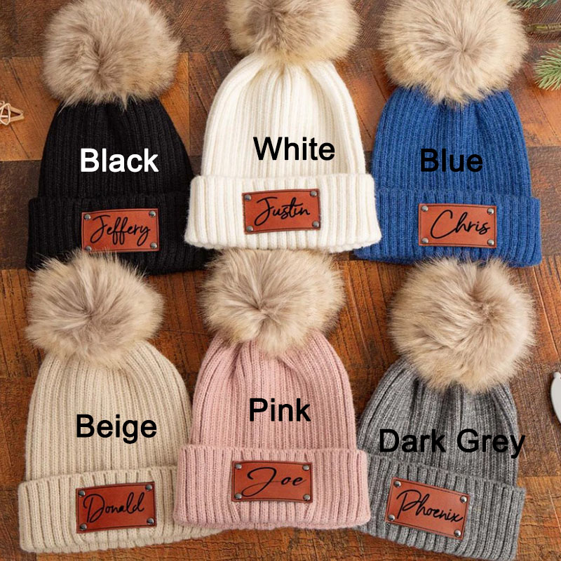 Personalized Leather Patch Knitted Hat for Kids,Adult Custom Name Knit Hat