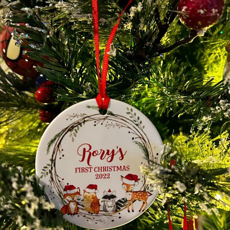 Personalized Baby Christmas Deer Fox Racoon Owl Forest Boy Ornament, Holiday Baby Ornament 