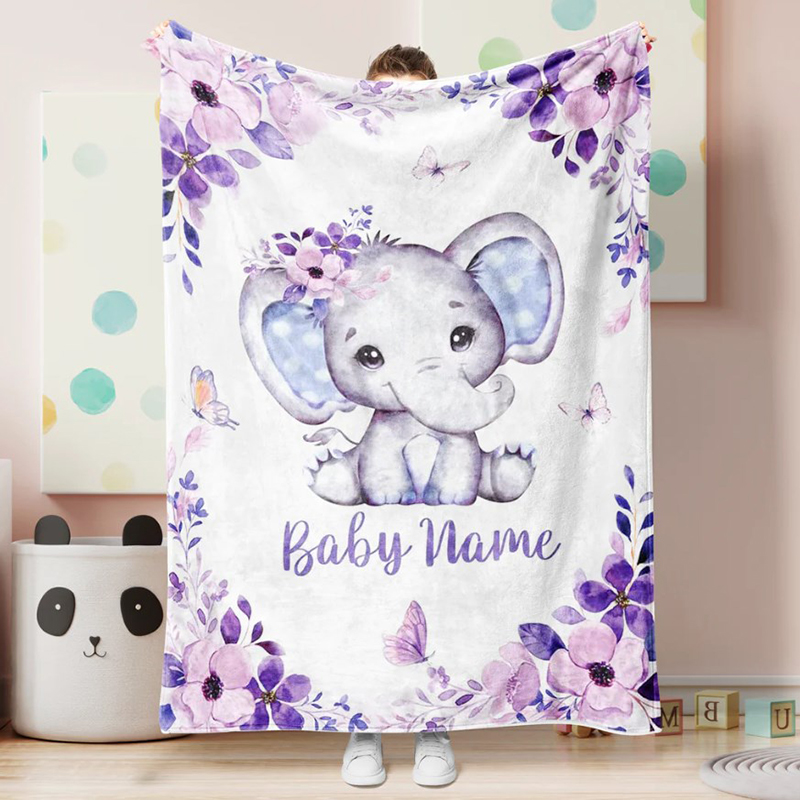 Personalized Newborn Baby Elephant NameFleece Blanket