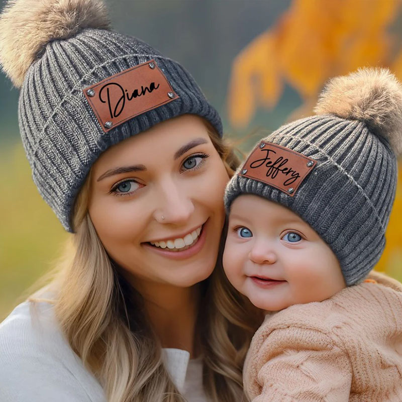 Personalized Leather Patch Knitted Hat for Kids,Adult Custom Name Knit Hat