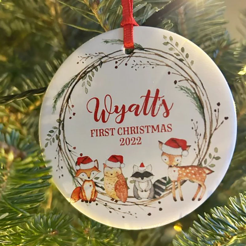Personalized Baby Christmas Deer Fox Racoon Owl Forest Boy Ornament, Holiday Baby Ornament 