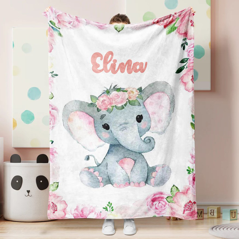 Personalized Newborn Baby Elephant NameFleece Blanket