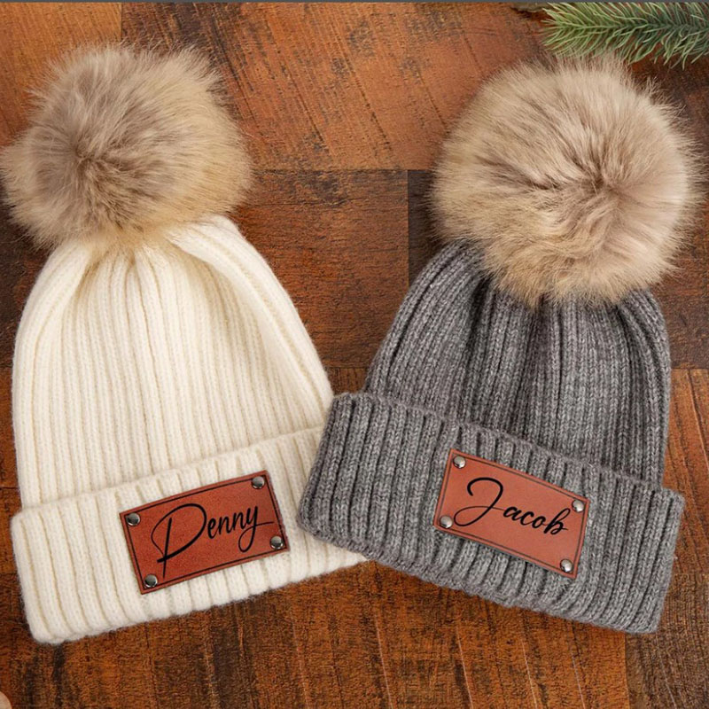 Personalized Leather Patch Knitted Hat for Kids,Adult Custom Name Knit Hat