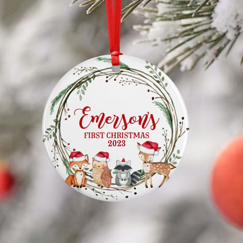 Personalized Baby Christmas Deer Fox Racoon Owl Forest Boy Ornament, Holiday Baby Ornament 