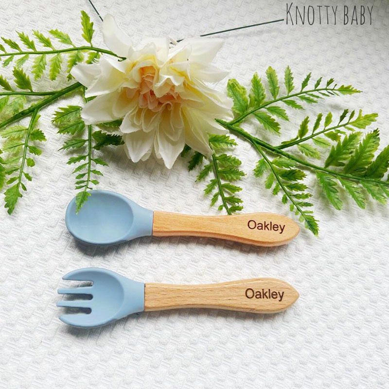 Personalised Silicone Cutlery Fork and Spoon Set Baby Gift