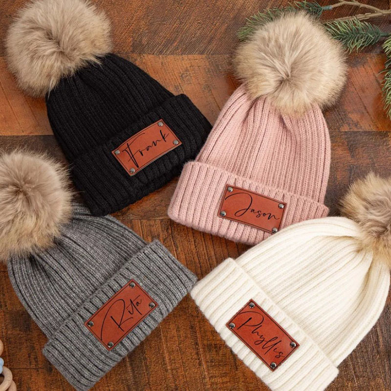 Personalized Leather Patch Knitted Hat for Kids,Adult Custom Name Knit Hat