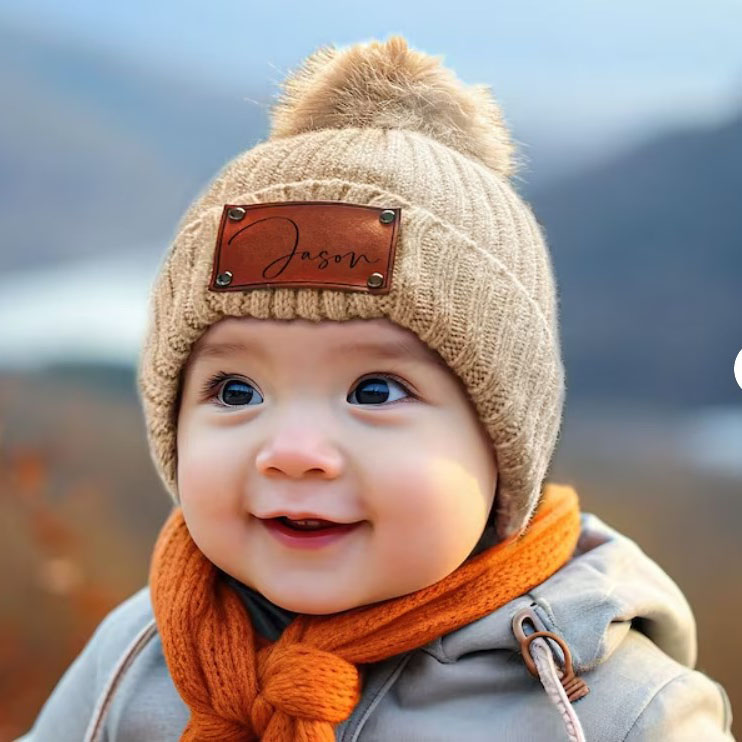 Personalized Leather Patch Knitted Hat for Kids,Adult Custom Name Knit Hat