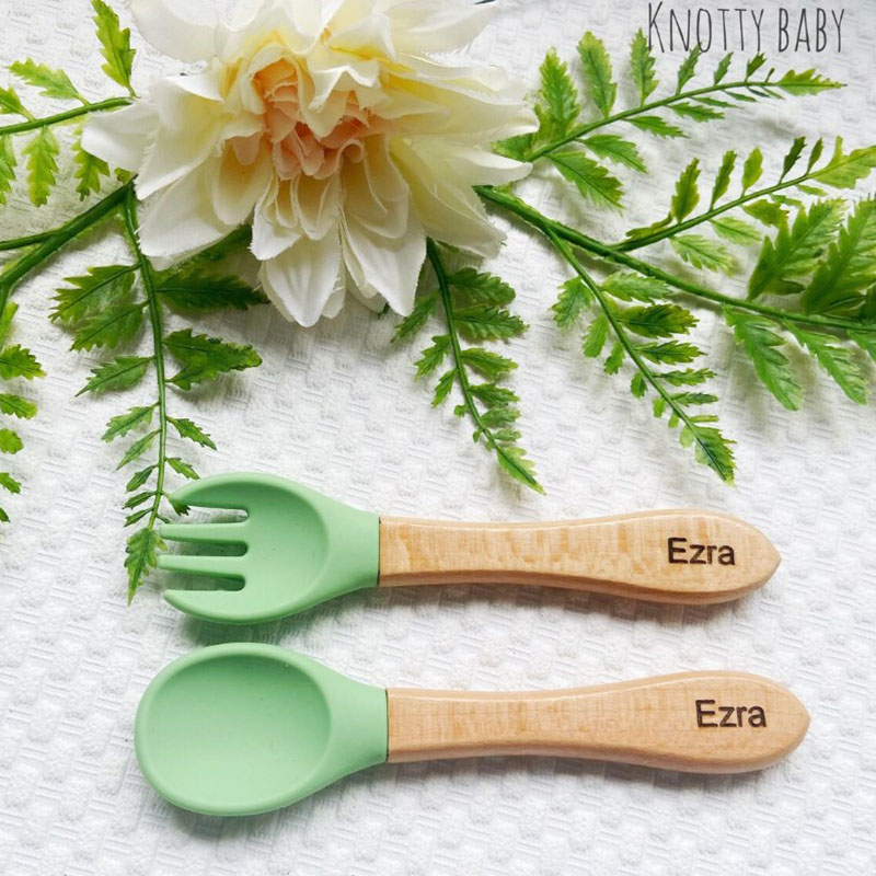 Personalised Silicone Cutlery Fork and Spoon Set Baby Gift