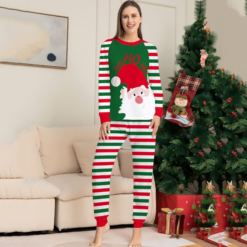 [Adult Pajamas]HO HO HO Santa Claus Red Green Stripes Papa Mama Pajamas Matching