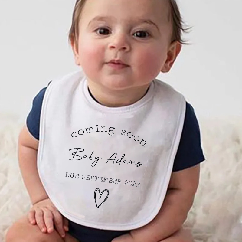 Personalized Baby Bibs, Announcement Coming Soon Surname Due Date