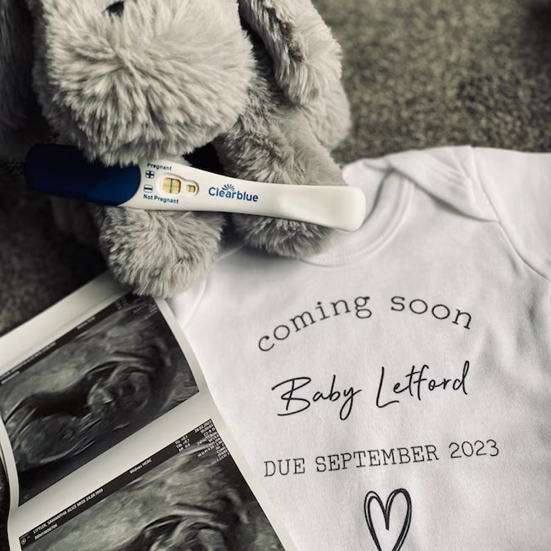 Custom Baby Announcement Bodysuit Coming Soon Surname Due Date Pregnancy gift reveal
