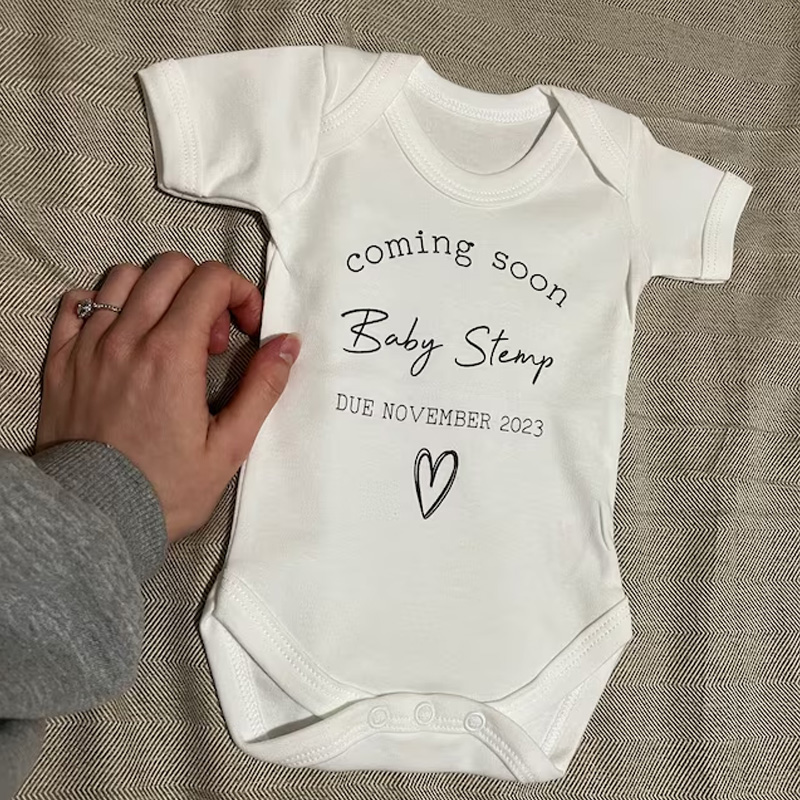 Custom Baby Announcement Bodysuit Coming Soon Surname Due Date Pregnancy gift reveal