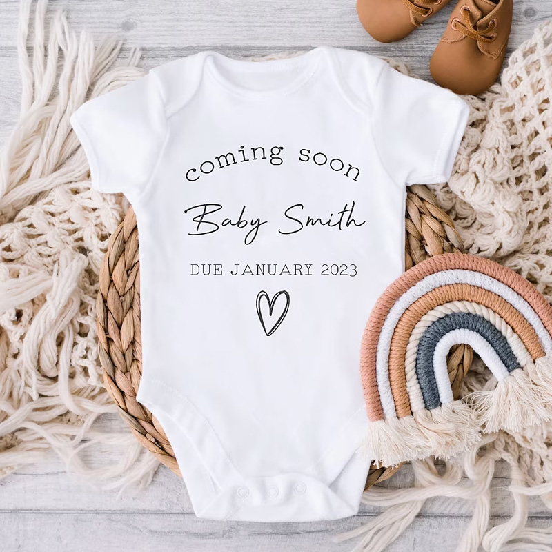 Custom Baby Announcement Bodysuit Coming Soon Surname Due Date Pregnancy gift reveal