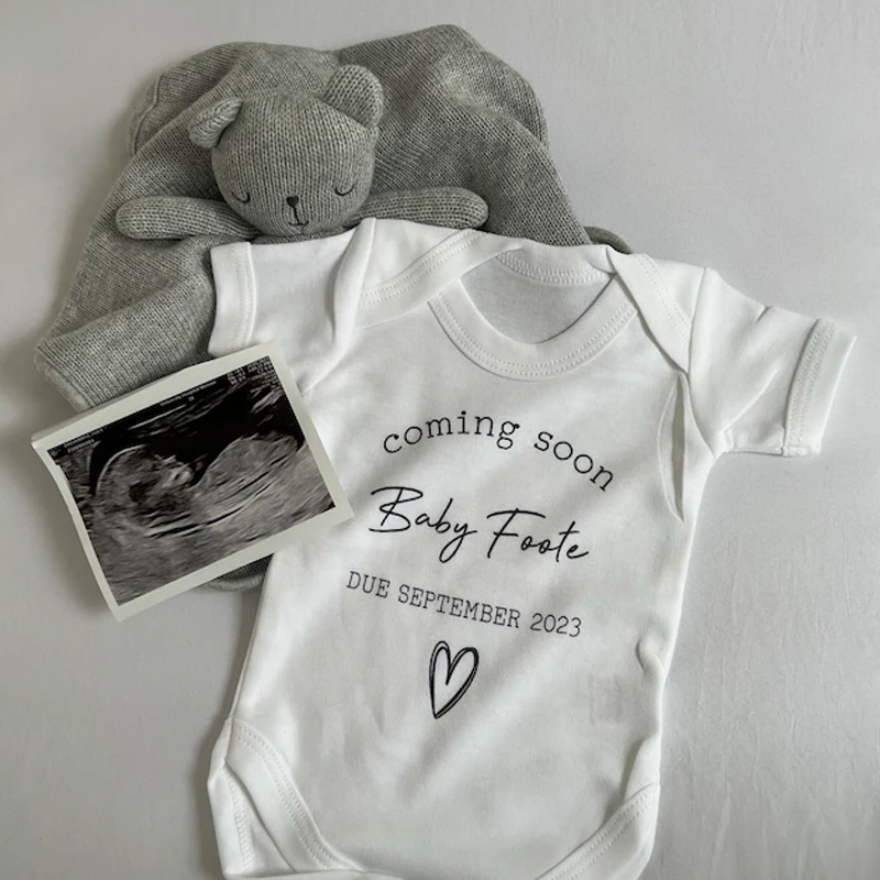 Custom Baby Announcement Bodysuit Coming Soon Surname Due Date Pregnancy gift reveal