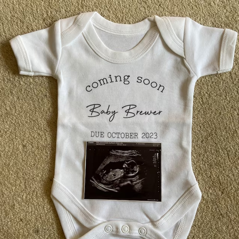 Custom Baby Announcement Bodysuit Coming Soon Surname Due Date Pregnancy gift reveal