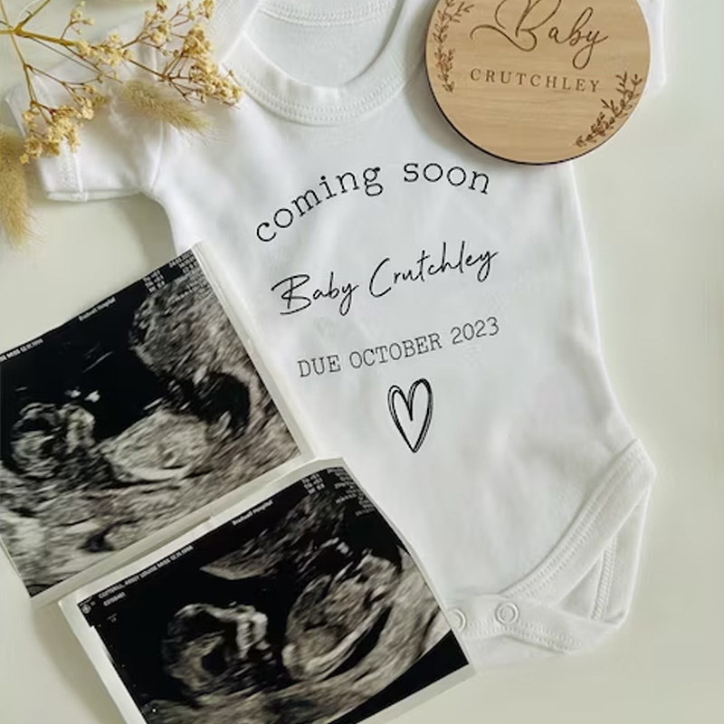 Custom Baby Announcement Bodysuit Coming Soon Surname Due Date Pregnancy gift reveal