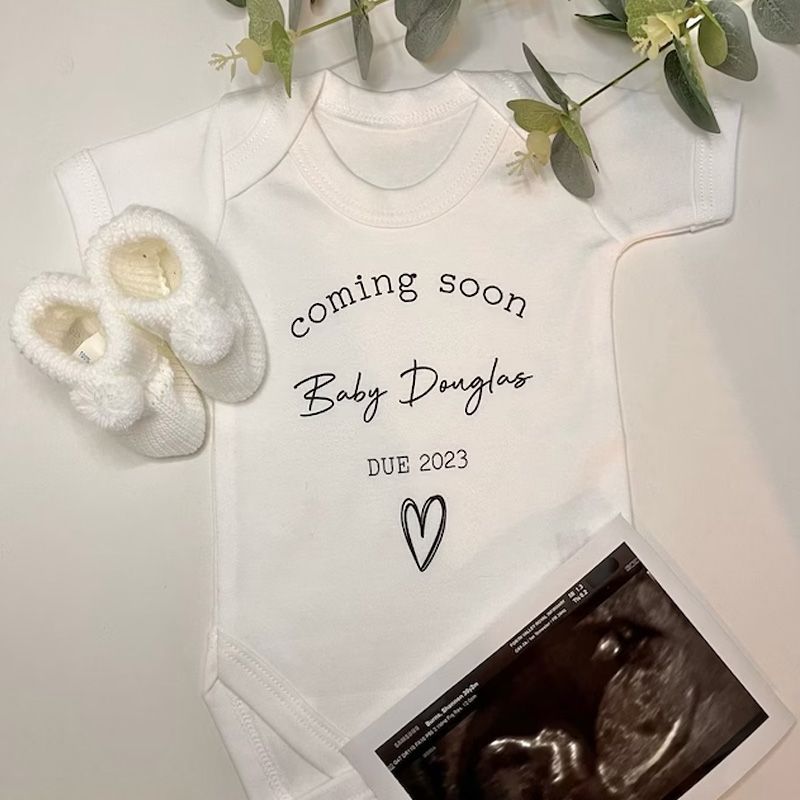 Custom Baby Announcement Bodysuit Coming Soon Surname Due Date Pregnancy gift reveal