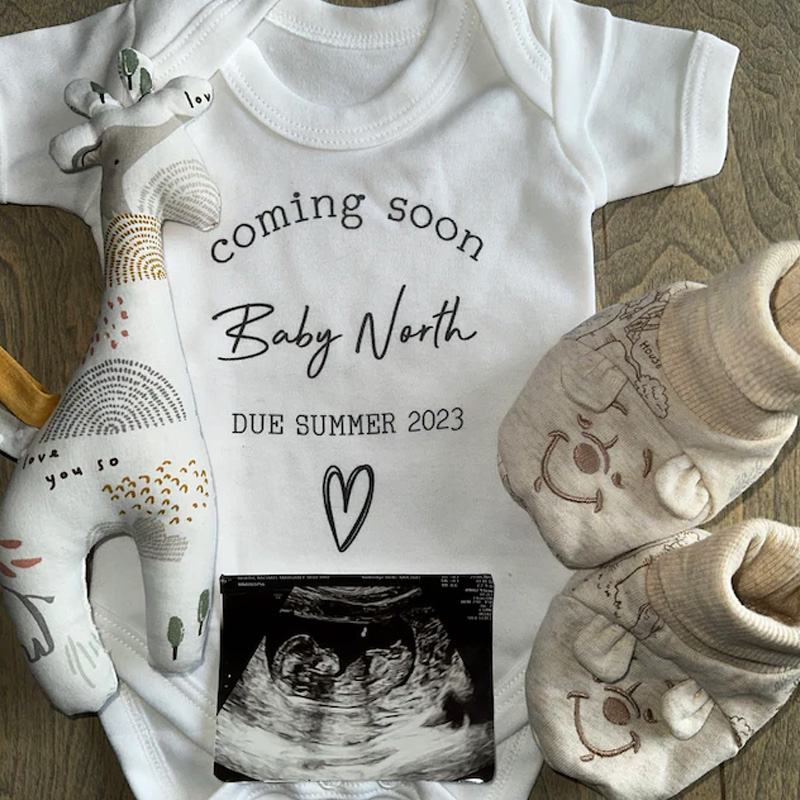 Custom Baby Announcement Bodysuit Coming Soon Surname Due Date Pregnancy gift reveal