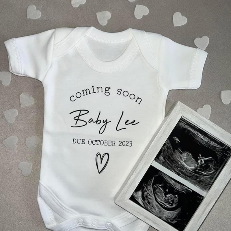 Custom Baby Announcement Bodysuit Coming Soon Surname Due Date Pregnancy gift reveal