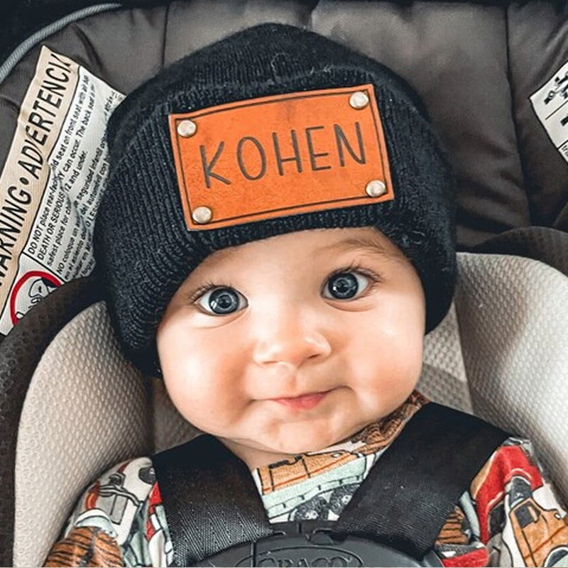 Custom Retro Leather Patch Beanie for Newborns-Adults