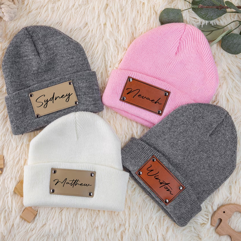 Custom Retro Leather Patch Beanie for Newborns-Adults