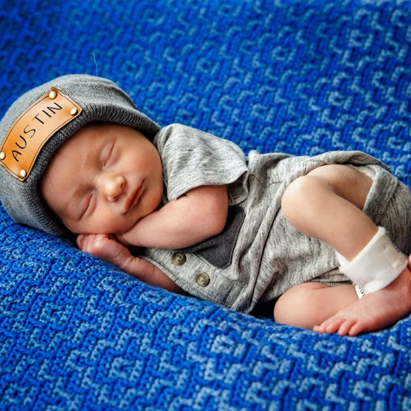 Custom Retro Leather Patch Beanie for Newborns-Adults
